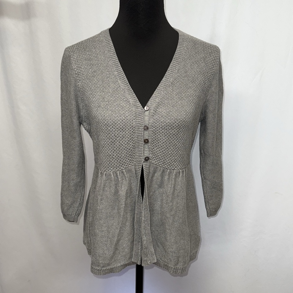 Eddie Bauer Womens Large Gray V Neck Button Front Knit Sweater Top